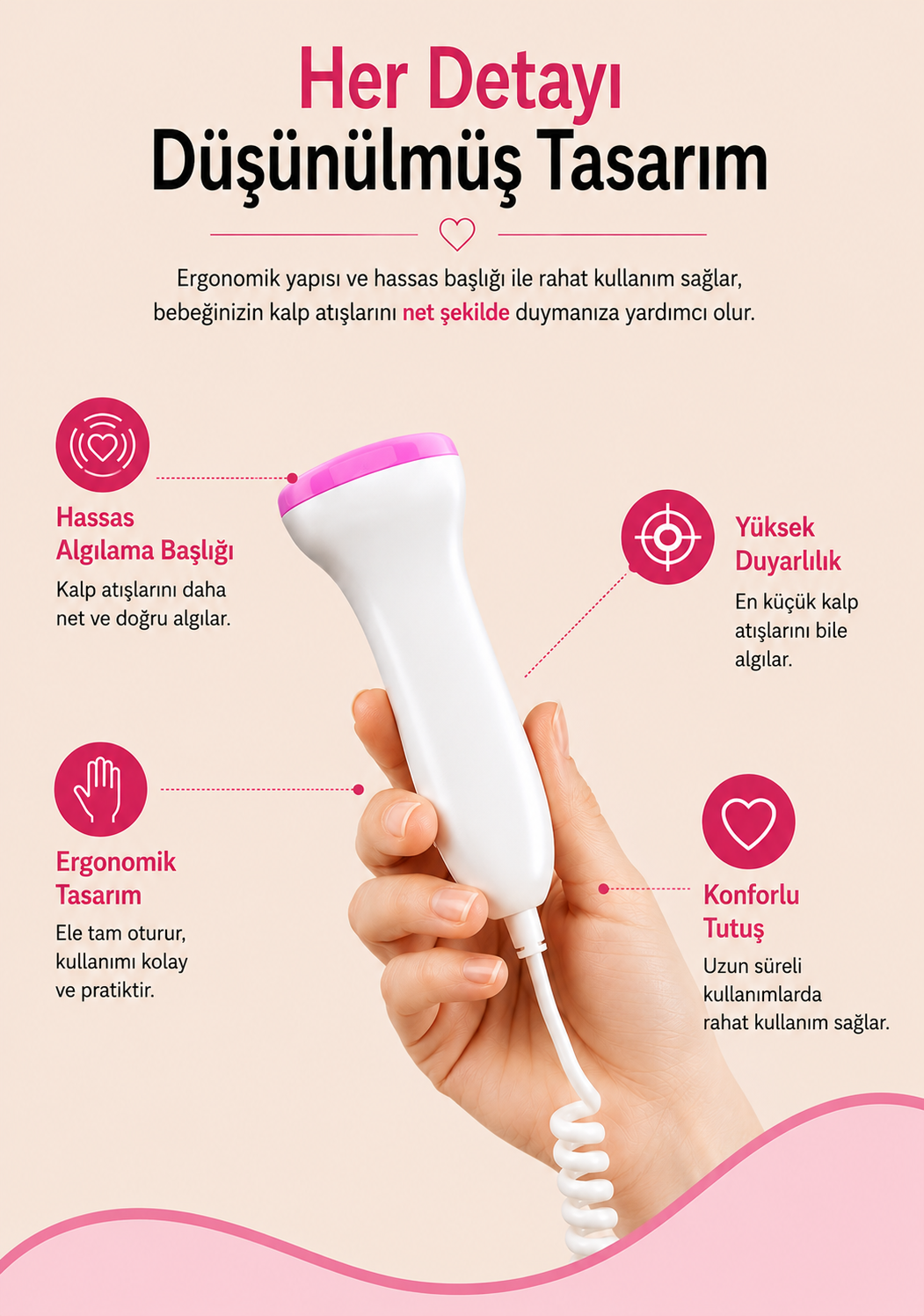 HarmoniaBaby™ Fetal Doppler Pembe Bebek Nabız Duyma Cihazı