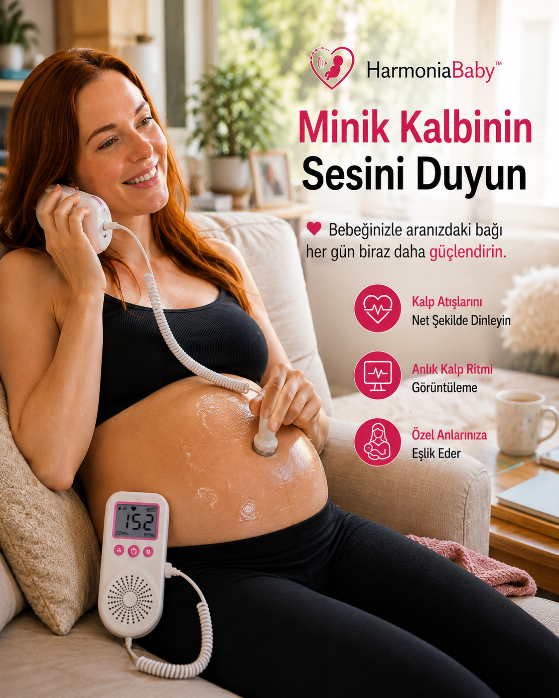 HarmoniaBaby™ Fetal Doppler Pembe Bebek Nabız Duyma Cihazı