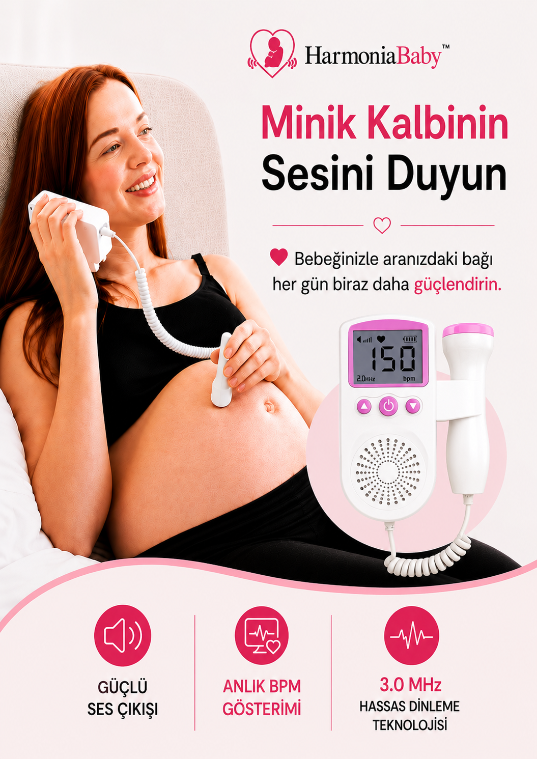 HarmoniaBaby™ Fetal Doppler Pembe Bebek Nabız Duyma Cihazı