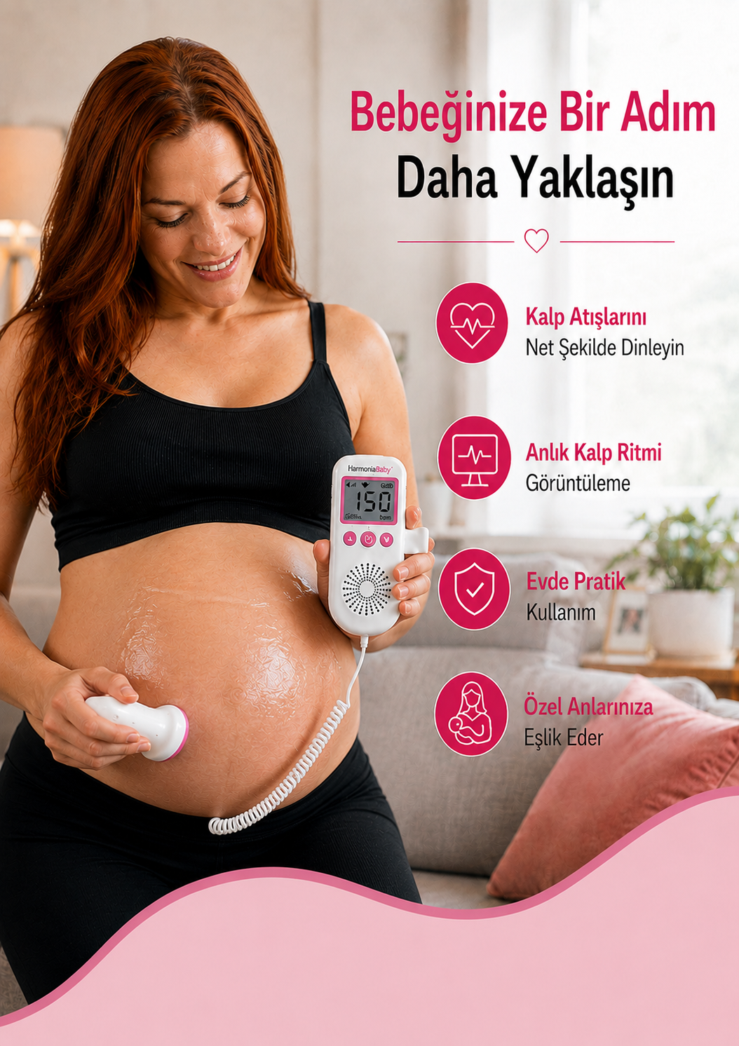 HarmoniaBaby™ Fetal Doppler Pembe Bebek Nabız Duyma Cihazı